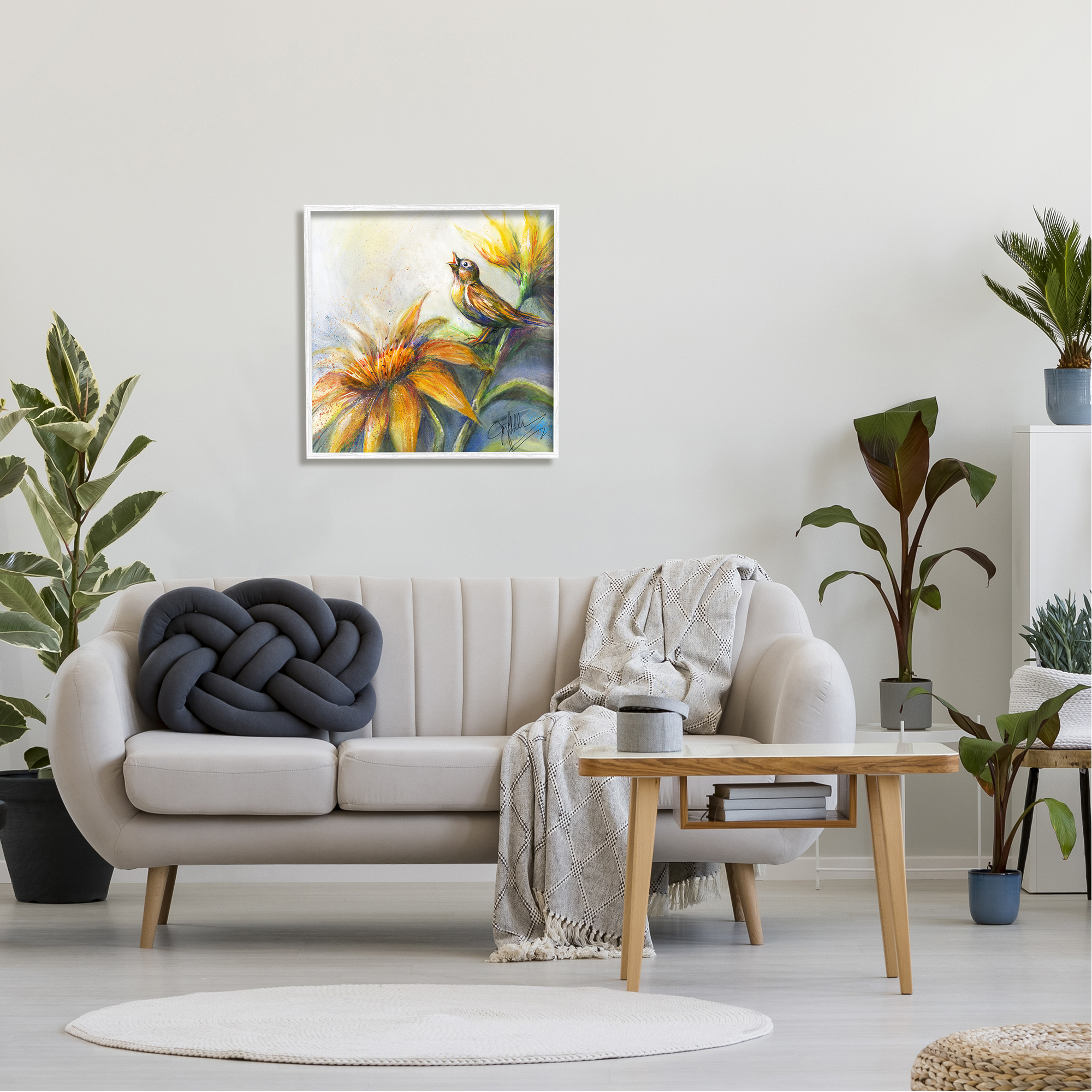 Stupell Industries Bird Singing Yellow Flowers Botanical & Floral Painting White Framed Art Print Wall Art, 24 x 24