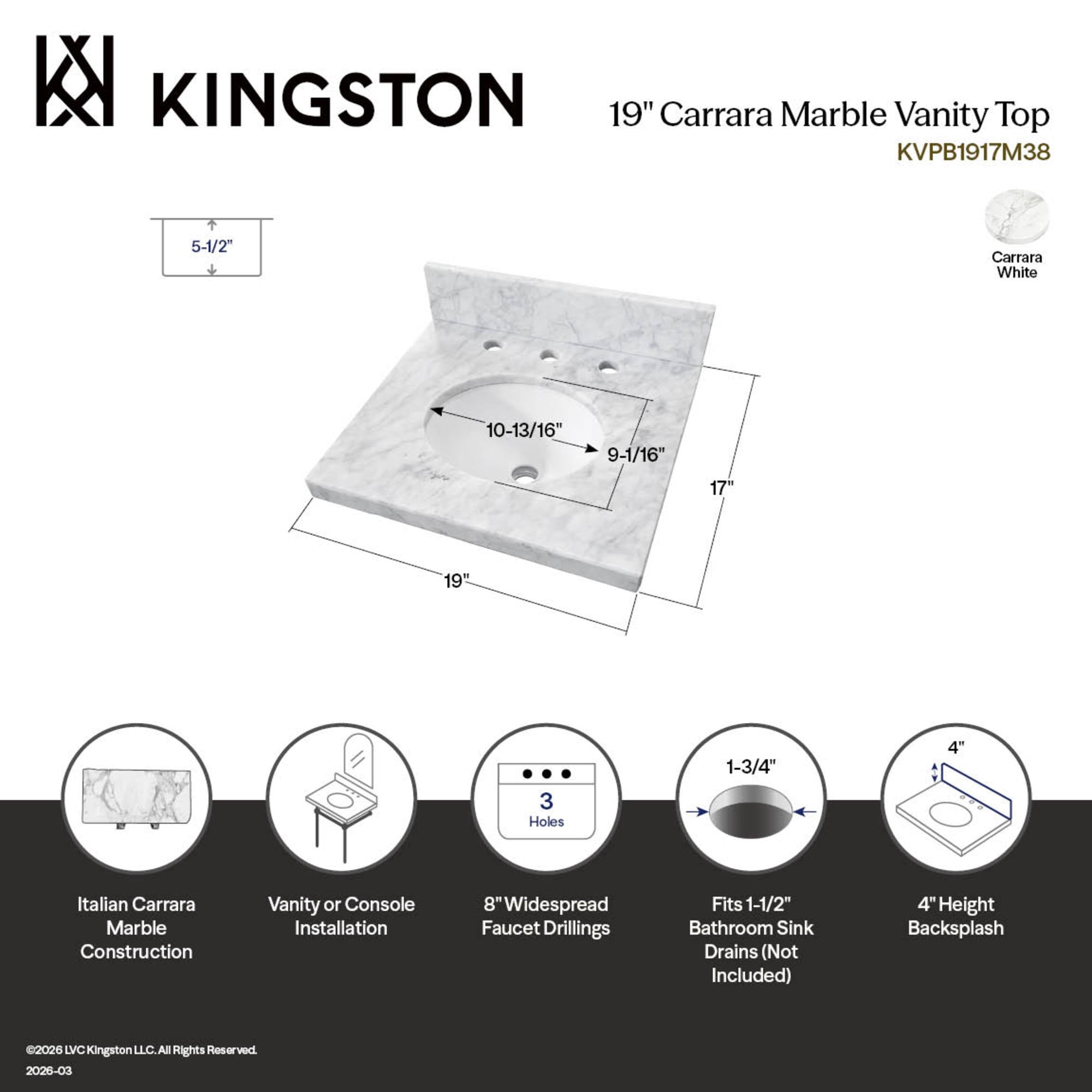 Kingston Brass KVPB1917M38 Fredrickson 19-Inch Carrara Marble Vanity Sink Top (8" Faucet Drillings) in Carrara White