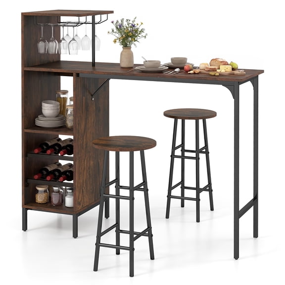 Costway 3 PCS Bar Table and Chairs Set Industrial Pub Table & Stools with Bottle Wine Rack Brown