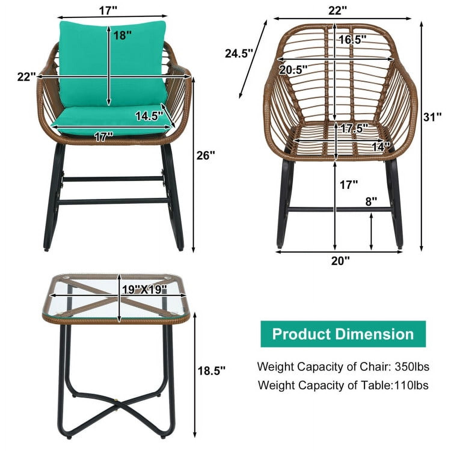 Aimee Lii 3 Pieces Patio Rattan Bistro Set Cushioned Chair Glass Table Deck, Outdoor Patio Furniture, Turquoise Aimee Lii 3 Pieces Patio Rattan Bistro Set Cushioned Chair Glass Table Deck, Outdoor Patio Furniture, Turquoise