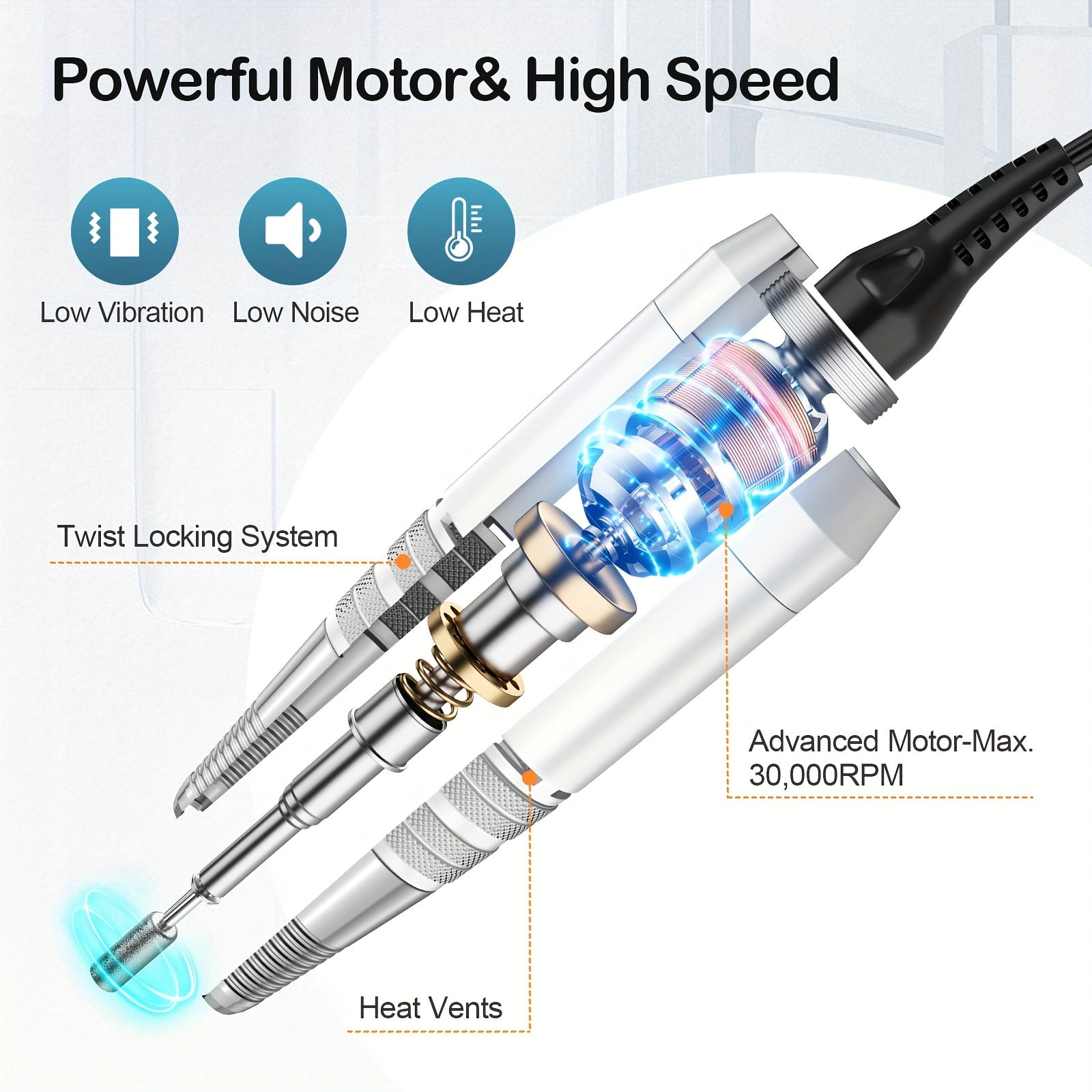 Professional Electric Nail Drill Machine - Portable, Low Noise, Sander File Kit,white