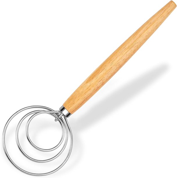 Batidor de masa danés, batidor de pan con gancho de acero inoxidable para masa, batidor holandés tradicional, batidora de madera, herramienta manual y herramientas y suministros para hacer pan con mas