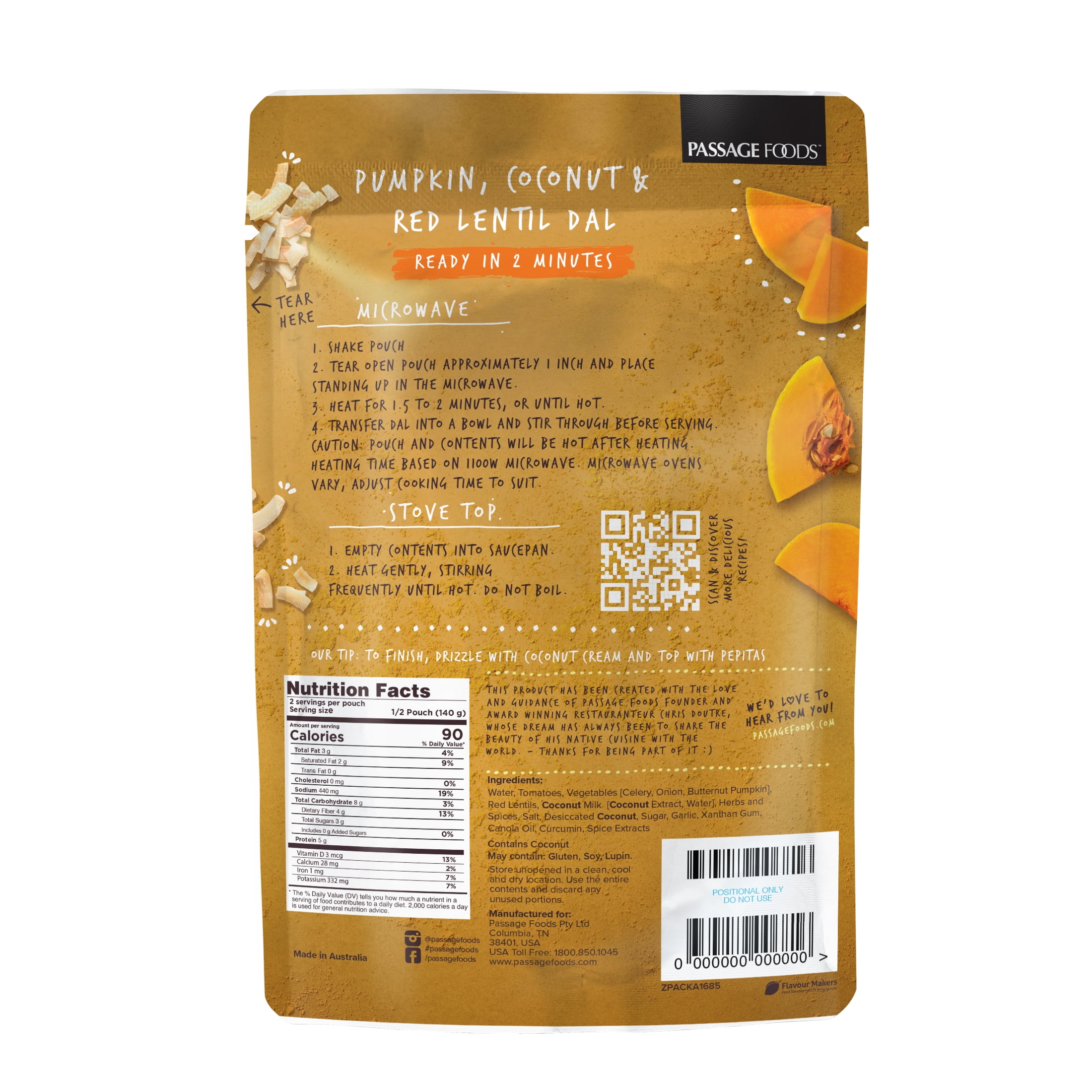 (3 pack) Passage to India Coconut, Pumpkin, and Lentil Dal 9.8 oz, Authentic Flavor by Passage Foods, Serves 4