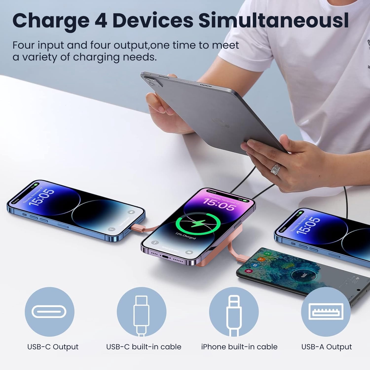 GASYESOY Portable Charger,10000mAh 20W Power Bank,Built-in Cables Fast Charging,with LED Display for iPhone 16/15/14/13/12 and Android,Pink