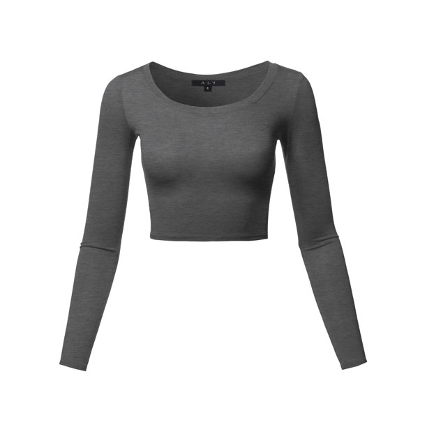 A2Y Women's Basic Solid Stretchable Scoop Neck Long Sleeve Crop Top ...