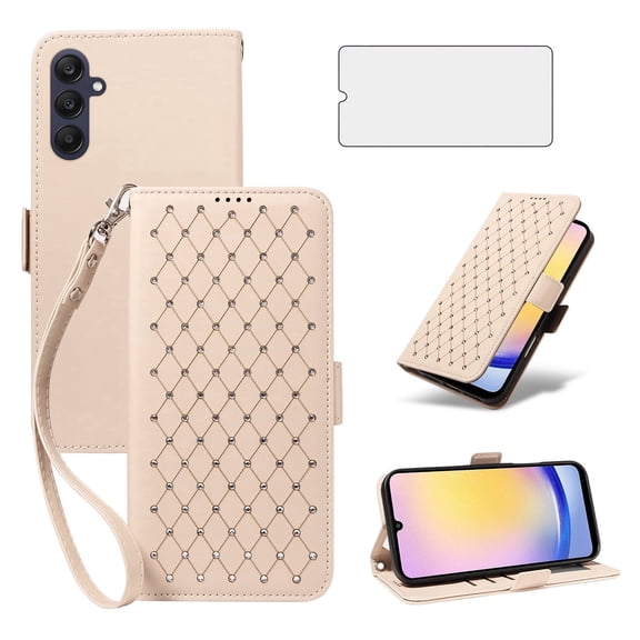 Asuwish Samsung Galaxy A25 5G Wallet Case, matte Leather Flip Cover with Wrist Strap, 3 Card Holder Slots, Kickstand & Shockproof – Beige