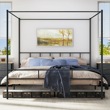 King Size Bed Frame Metal Canopy w/Built-in Headboard Strong Slat Support