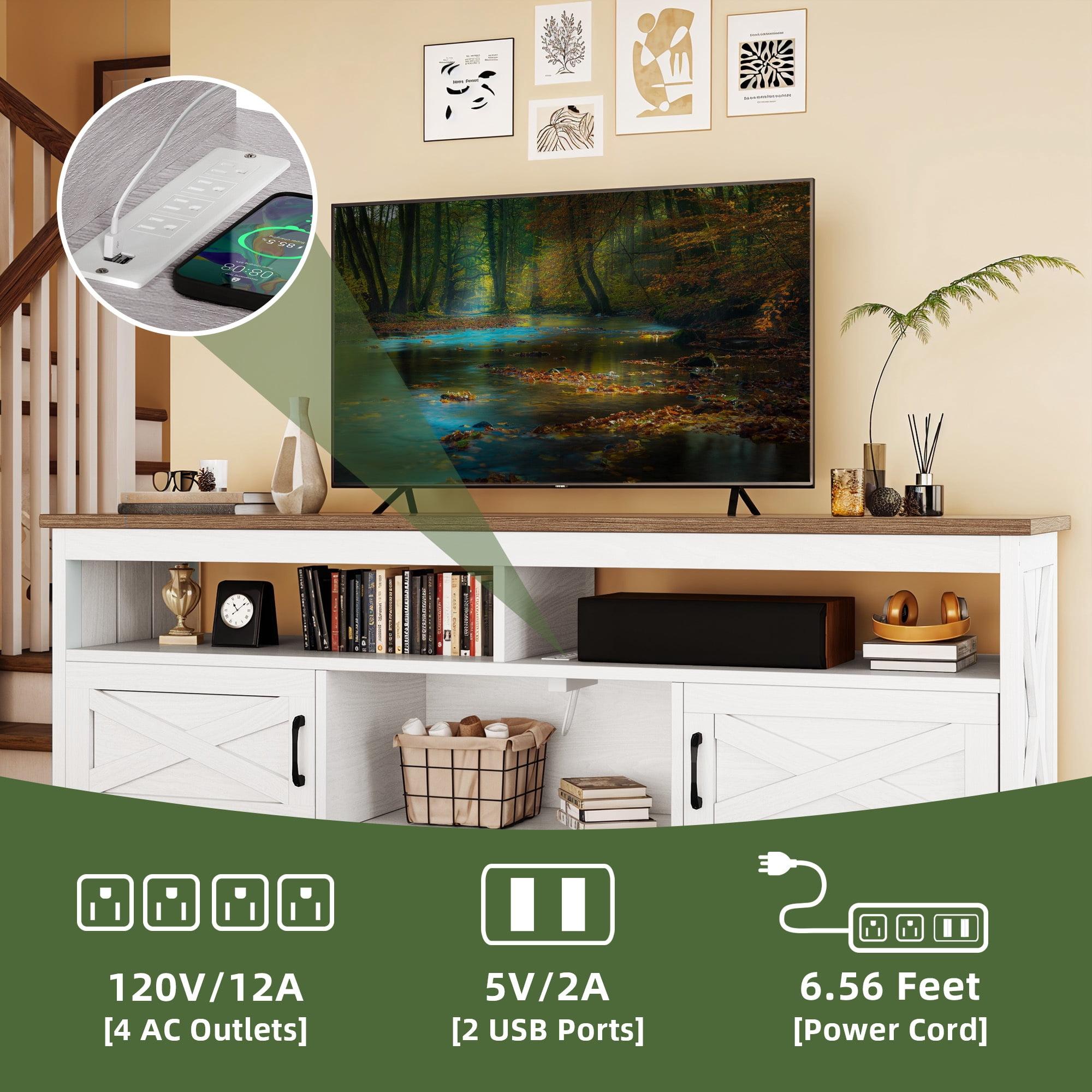 Uforic 65 Inch Farmhouse TV Stand Fits 70/75 Inch Flat Screen TV with RGB Ambient Light, Cable Holes, Built-in Power Station & Multi Storage Space for Living Room, Beige+White