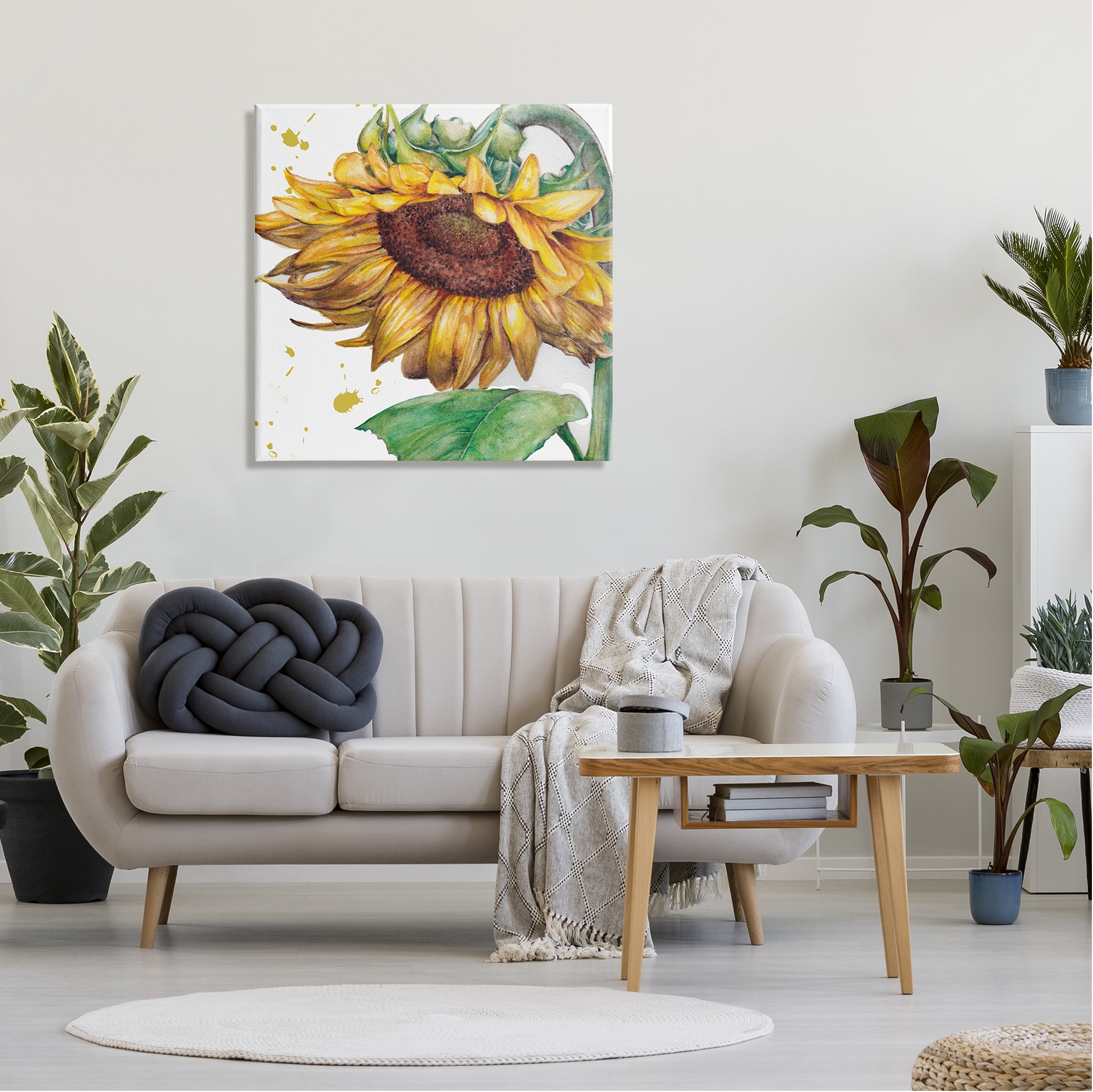 Stupell Industries Sunflower with Paint Splatter Botanical & Floral Painting Gallery Wrapped Canvas Art Print Wall Art, 30 x 30