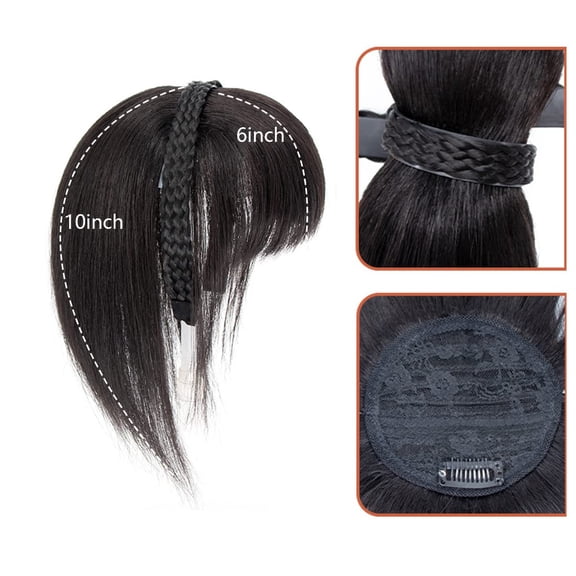 viviaBella Women 10" Twist Braid Headband Straight Hairpieces Human Hair Clip In Topper Hair Extension With Bangs (Natural Black)