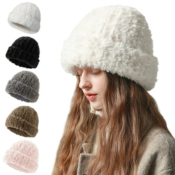 Cute Fuzzy Beanie Hat for Women, Skin-Friendly Plush Warm Woolen Hat, Winter Faux Fur Animal Hat Cap