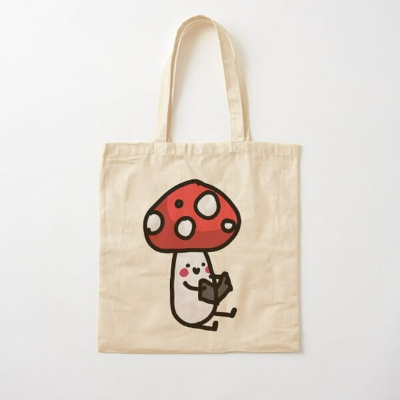 Reading Mushroom Character Cotton Tote Bag Canvas Tote Bag, Family Gift For Mother, Her