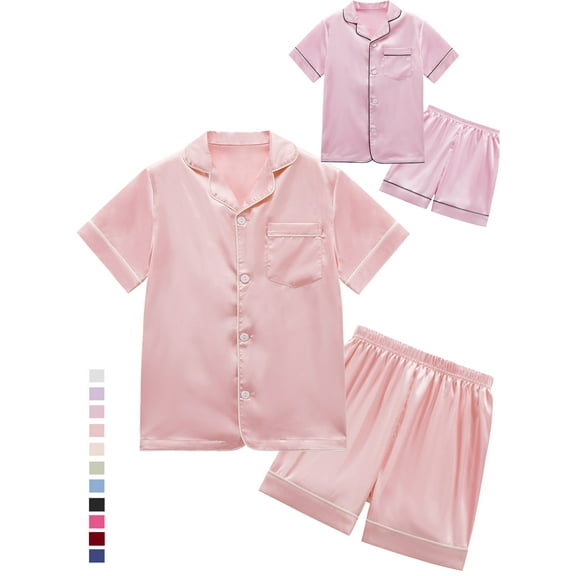 SILVERCELL 4-14T Satin Kid Pajamas for Girls Silk Pjs Set Boys Sleepwear Button-up Lounge Sets Short Sleeve Nightwear