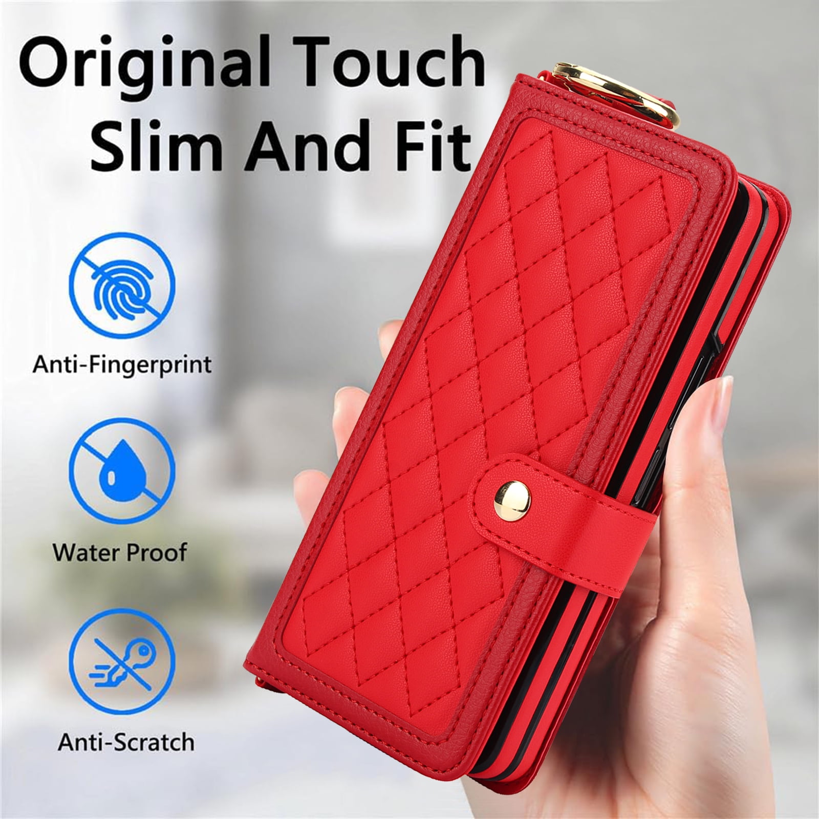 REQO Flip Phone Case for Samsung Galaxy Z Fold 6,Multifunctional Leather Wallet Cover with Wrist Strap Long Shoulder Strap RFID Blocking Case,Red