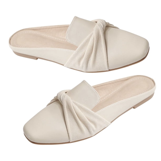 Zapatos planos sin espalda para mujer, con punta cuadrada, forro transpirable, zapatillas sin espalda de PU de goma suave y agradable para la piel para citas diarias, Blanco 661 36