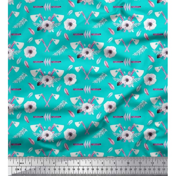 Soimoi Green Poly Georgette Fabric Hammer & Anemone Floral Print Sewing Fabric 1 Yard 52 Inch Wide