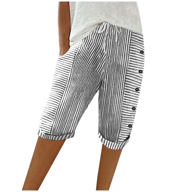 Capris Décontractés pour Femmes d'Été en Coton et Lin Tissé à Rayures Patchwork à Boutons, Coupe Ample