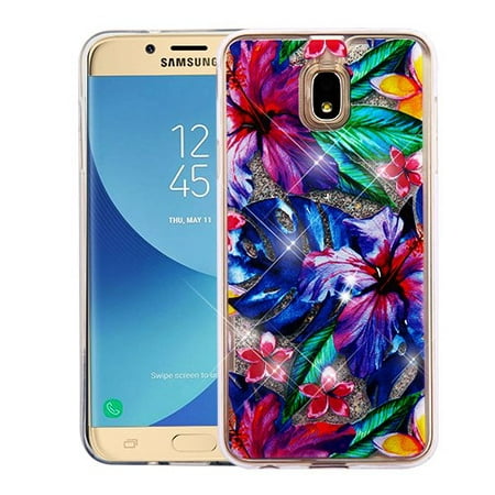 Samsung Galaxy J7 (2018), J737, J7 V 2nd Gen, J7 Refine - Phone Case BLING Hybrid Liquid Glitter Quicksand Rubber Silicone Gel TPU Protector Hard Cover - Watercolor (Best 2nd Phone Number App)