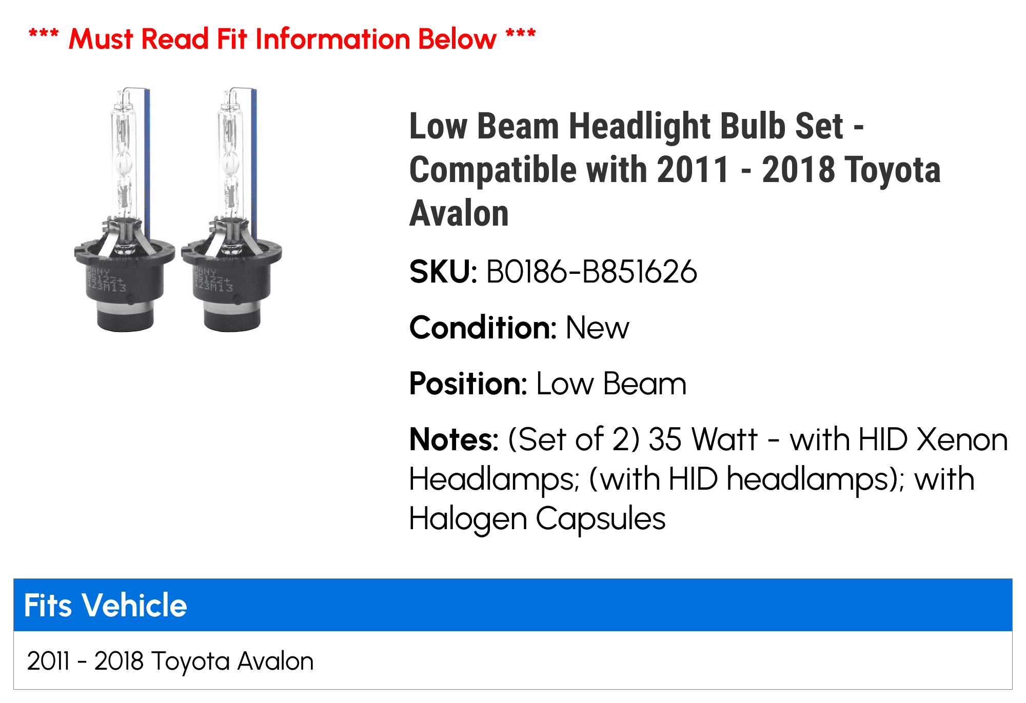 Low Beam Headlight Bulb Set - Compatible with 2011 - 2018 Toyota Avalon 2012 2013 2014 2015 2016 2017