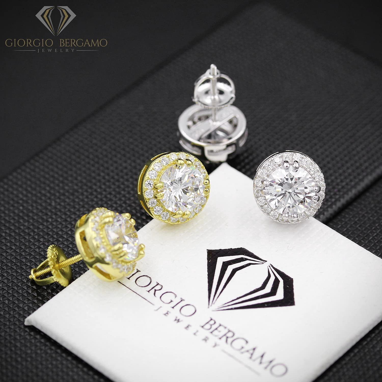 925 Sterling Silver Unisex Round Cut Screw Back Stud Earring, Men's, Women, Gold Plated Micro Pave CZ Cubic Zirconia, Giorgio Bergamo Gold