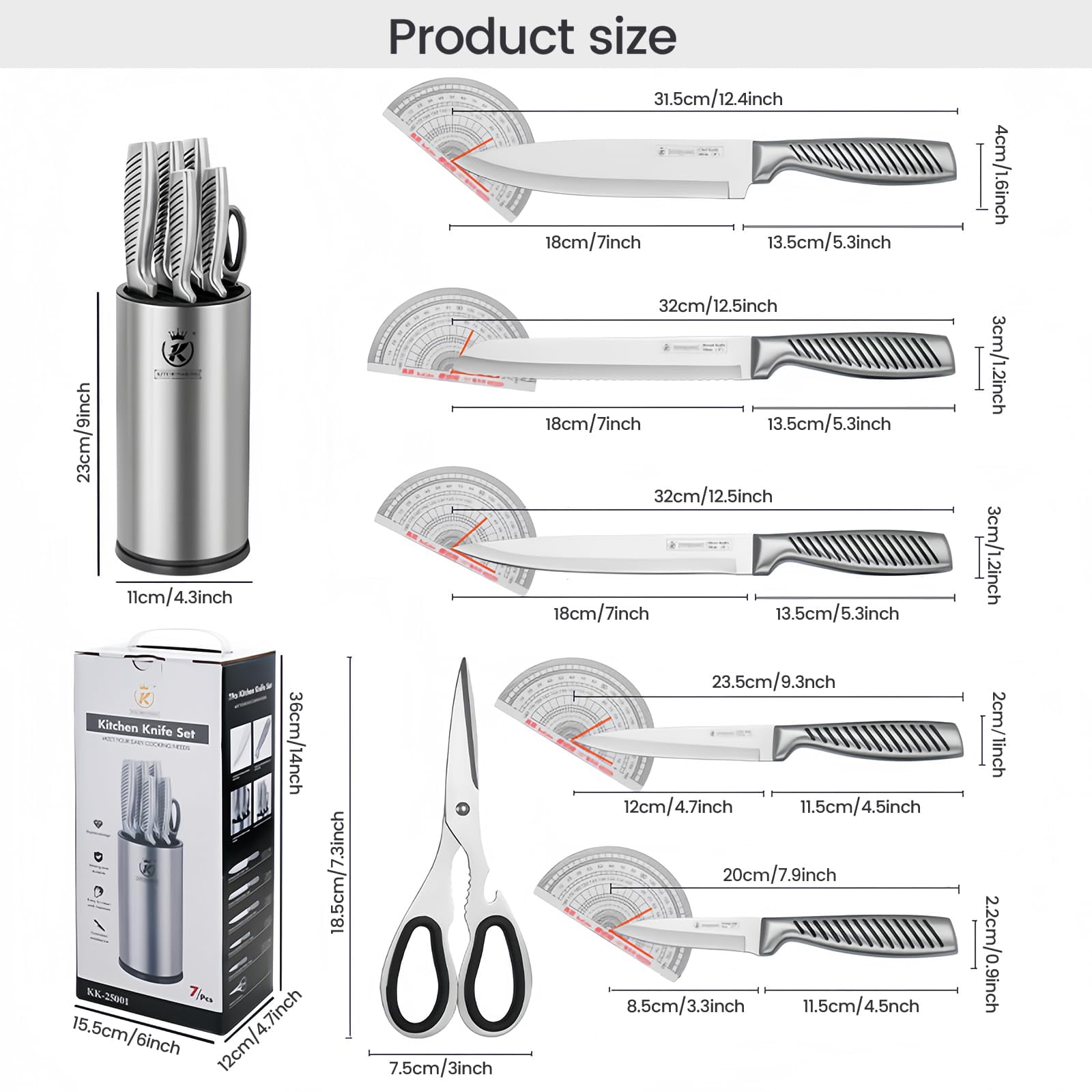 7-Piece Kitchen Knife Set with Block, Stainless Steel Sharp Blades, Anti-Slip Handle, Universal Knife Storage, Professional Cutting Essentials for Home & Apartment (Silver)