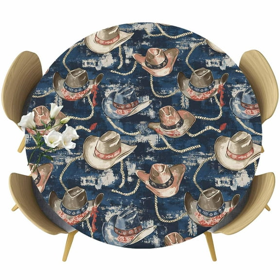 Blue Cowboy Round Tablecloth 36-44 Inch Round Fitted Table Cloth with Elastic Edge, Country Western Vintage Waterproof Table Cover Protector for Outdoor Picnic Party Dining