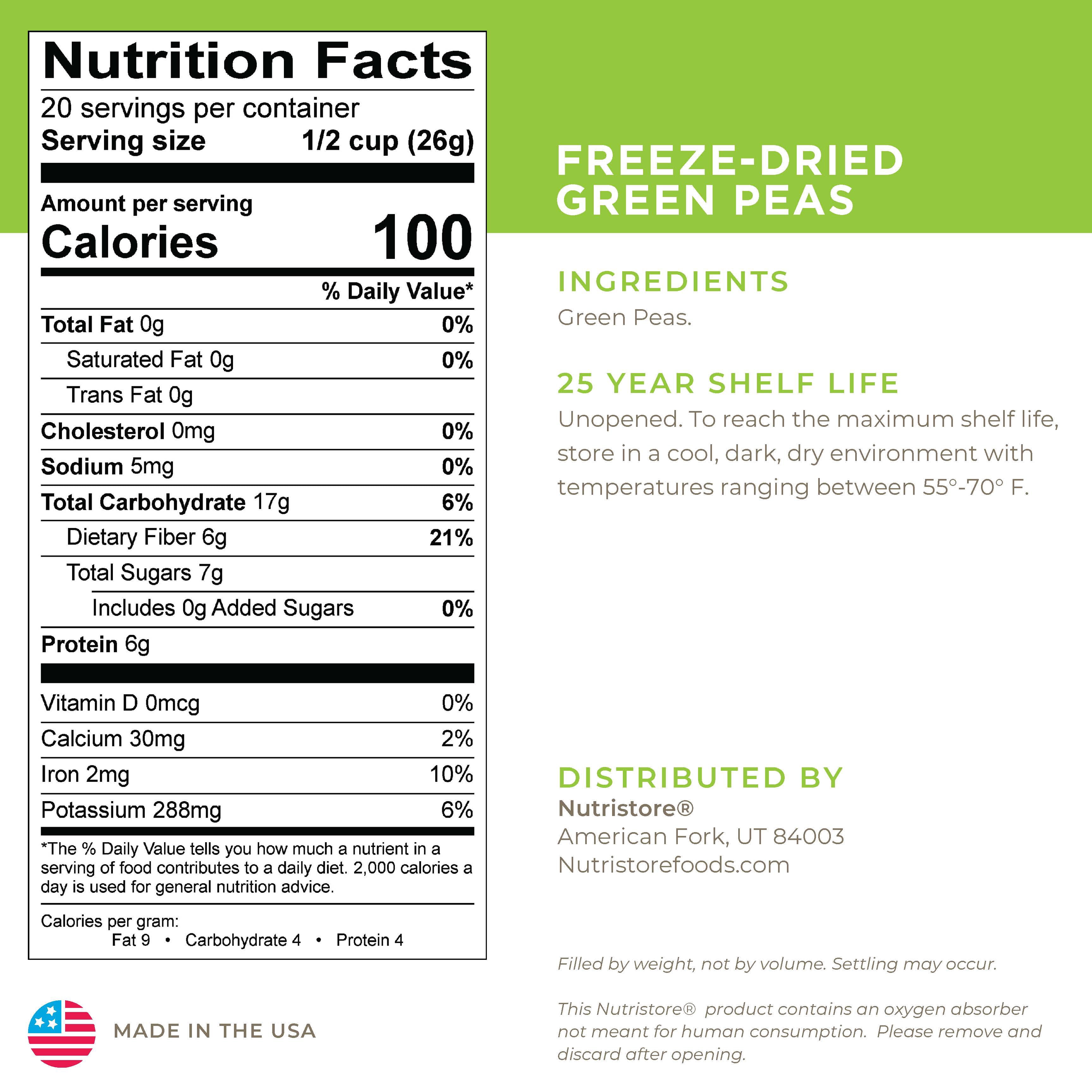 Nutristore Freeze Dried Green Peas | 40 Servings | 18 OZ | 25 Year Shelf Life | Amazing Taste | Healthy Snack | Emergency and Survival Food