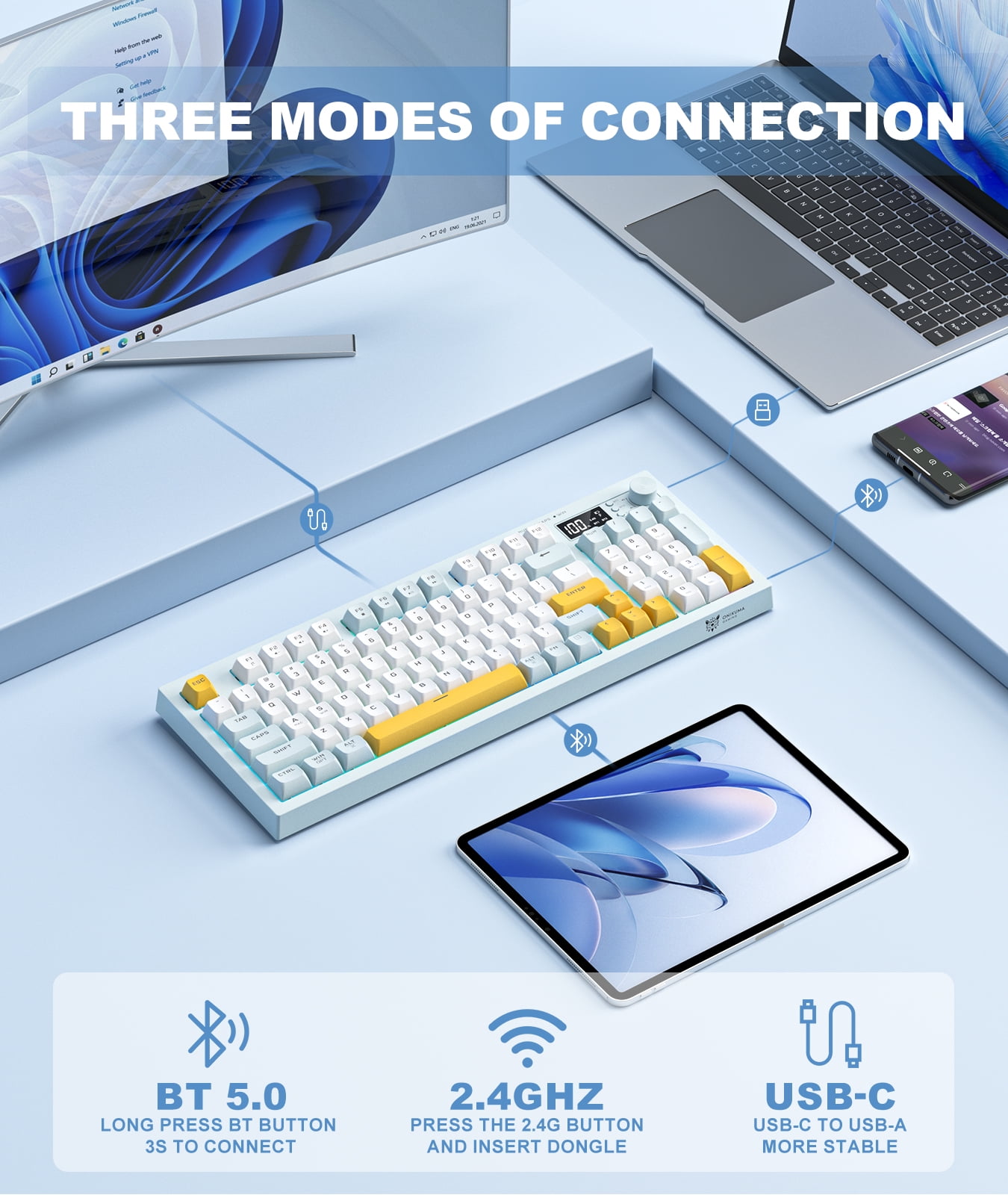 ONIKUMA 94-Key Tri-Mode Wireless Gaming Keyboard, Silent Membrane, RGB Backlit, Display Screen & Multimedia Knob for PC/Mac/Office