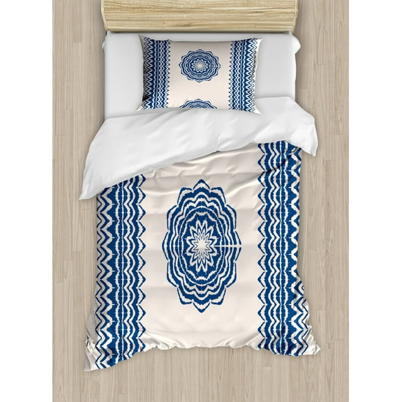 Mandala Twin Size Duvet Cover Set, Oriental Symbol with Geometric Zigzag Border Ornaments Ethnic Art Motif, Decorative 2 Piece Bedding Set with 1 Pillow Sham, Dark Blue and Cream, by Ambesonne