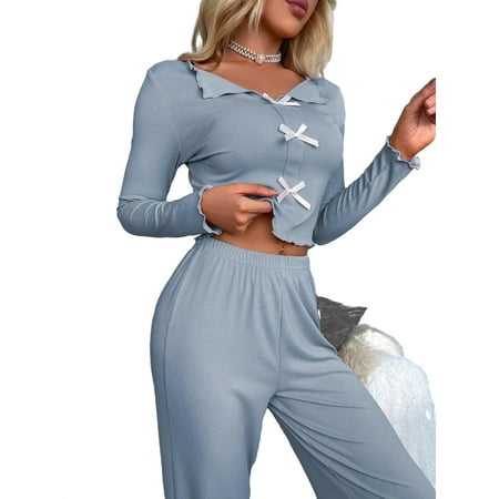 

Women s Pajama Sets Baby Blue Cute Plain Collar Pant Sets Long Sleeve