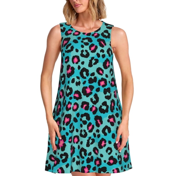Fotbe Leopard 1 Vestido de Verano sin Mangas para Mujer – Vestido Midi Línea A, Estilo Camiseta Floral, Vestido Playero Casual y Fluido