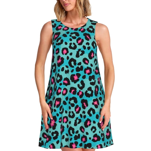 Fotbe Leopard 1 Vestido de Verano sin Mangas para Mujer – Vestido Midi Línea A, Estilo Camiseta Floral, Vestido Playero Casual y Fluido
