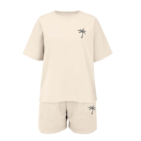 GiLiling Girls Summer Casual Sports Outfit Set - Coconut Tree Print Short Sleeve T Shirt with Shorts 2 Piece Set (Khaki 7-8 Years)