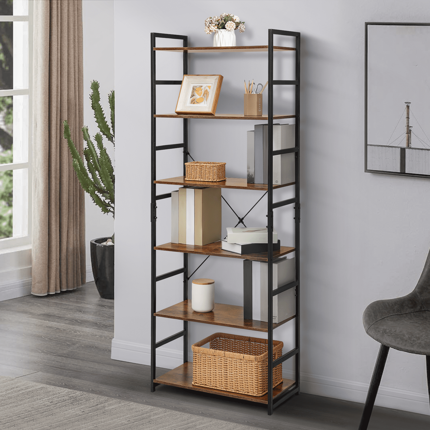 MoNiBloom 6 Shelves Rustic Bookcase, Bookshelf with Metal Frame