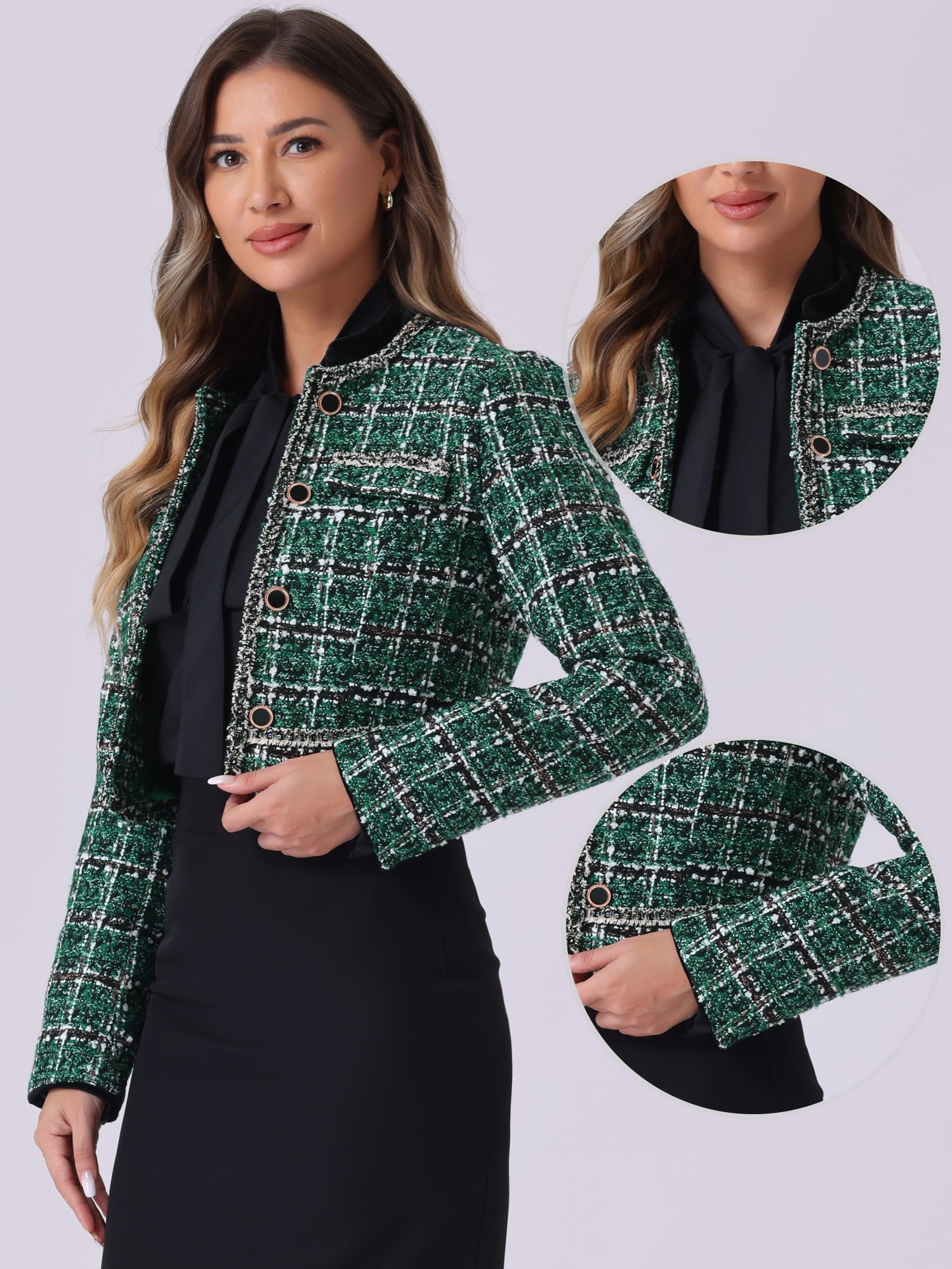 DARING DIVA Women's Double Breasted Plaid Tweed Cropped Jacket XL Green
