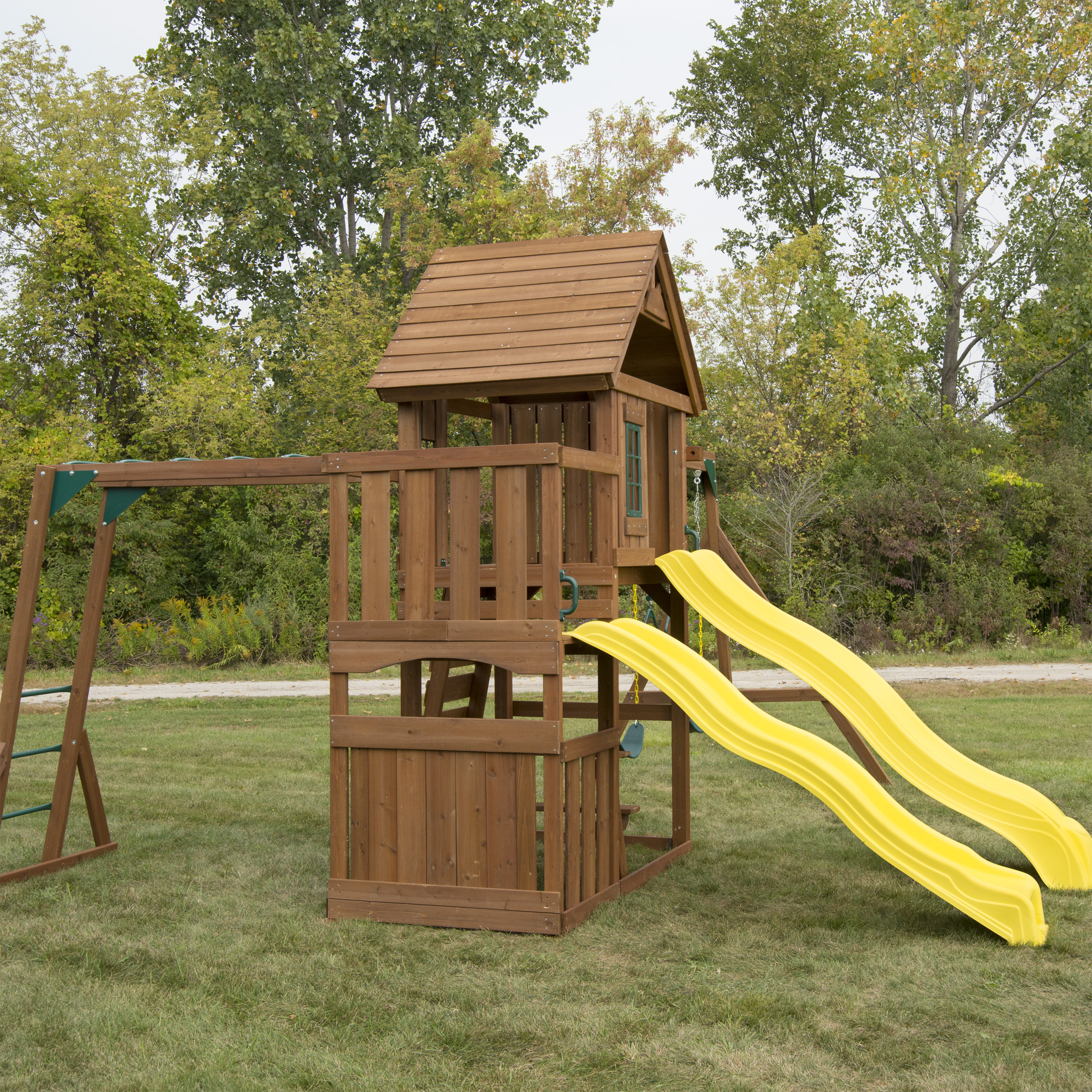 Swing-N-Slide Timberview Wooden Backyard Swing Set with Two Yellow Wave Slides, Wood Roof, Swings, and Monkey Bars - image 5 of 12