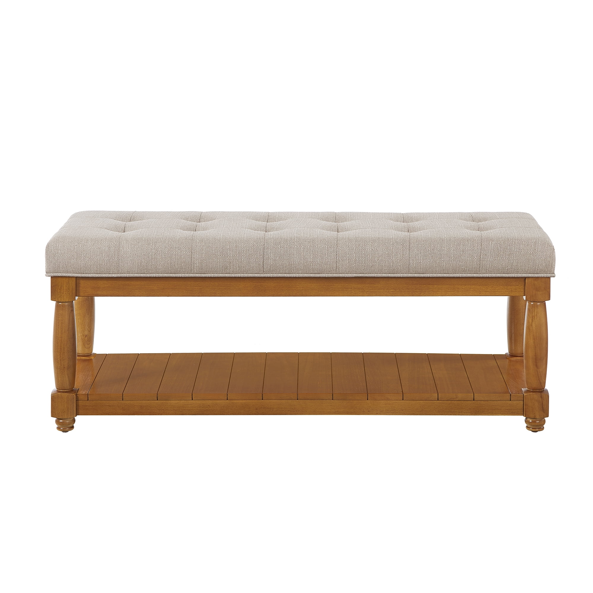 Upholstered Linen Bench with Storage Shelf - Tufted Ottoman Bench for Bedroom Entryway Living Room, Solid Wood Spindle Legs Accent Furniture