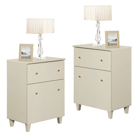 Living Room End Tables 2 Pieces Large Sofa Side Tables with 1 Drawer and 1 Door Beige Fabric Texture Finish Nightstands for Bedroom