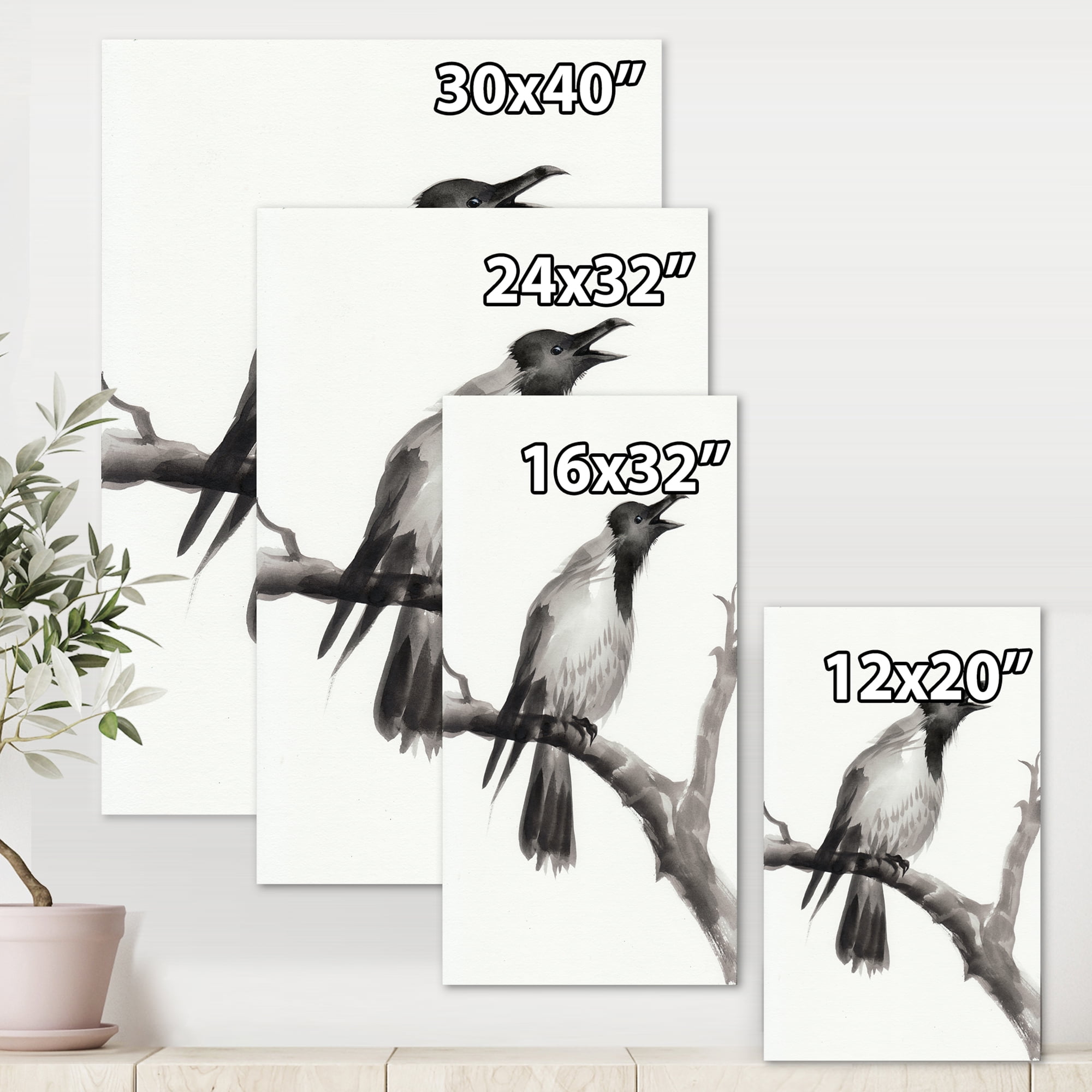 Designart ' Monochrome Crying Crow On A Branch ' Traditional Canvas Wall Art Print