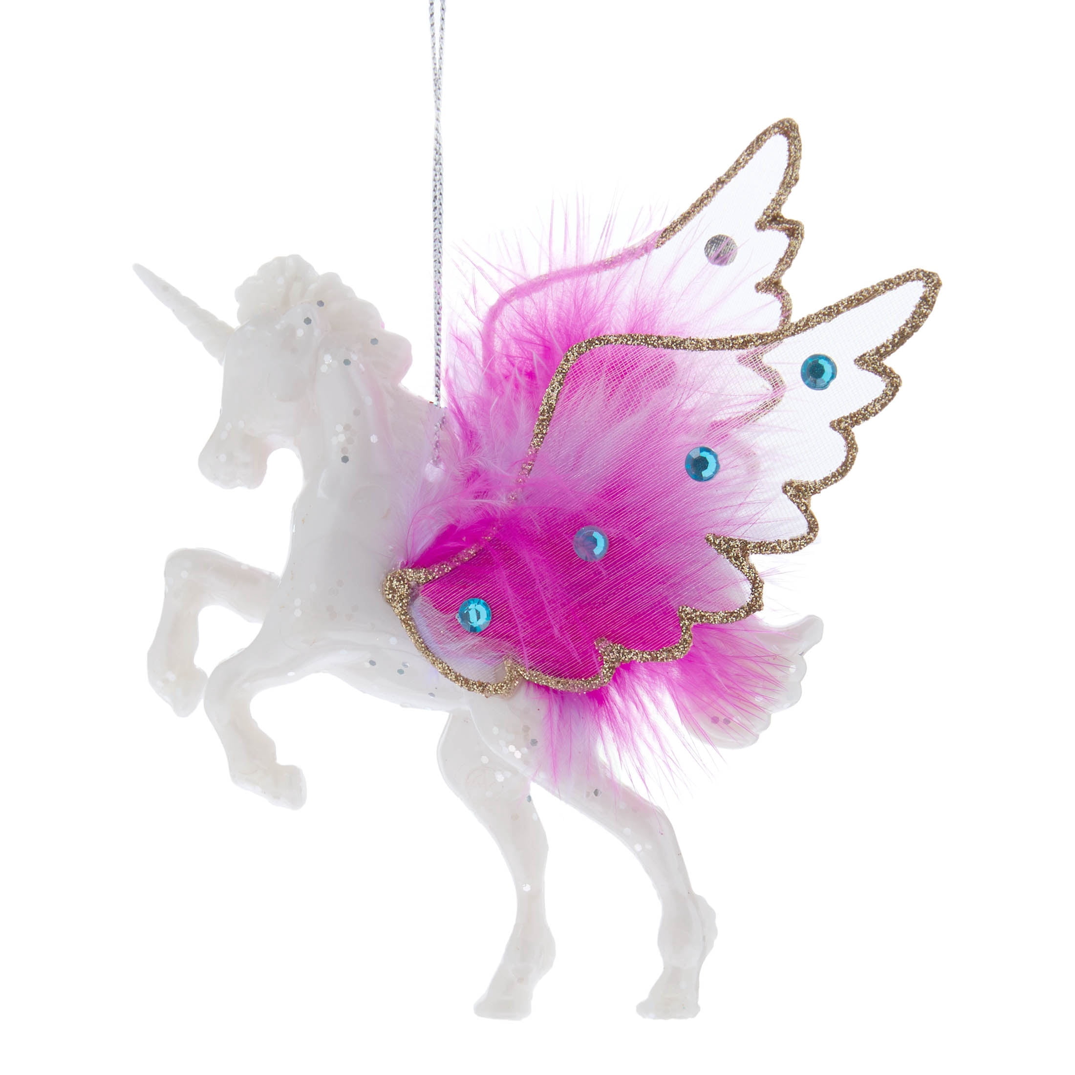 Pearl White/Pink/Gold Flying Unicorn with Fluffy Wings Christmas Ornament, 5.5", by Holiday Time