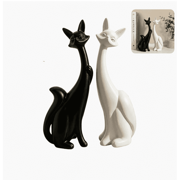 2 Piece Modern Fox Figurines Set, Resin Couple Fox Statues, Black and White Animal Sculptures for Home Decor, Tabletop Shelf Mantel Entryway Office Decorative Ornaments