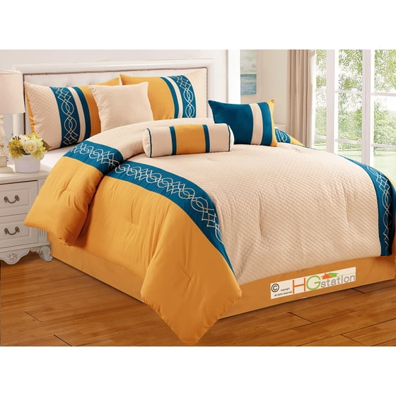 7 Pc Quilted Clamshell Scroll Embroidery Striped Comforter Set Gold 7 Pc Quilted Clamshell Scroll Embroidery Striped Comforter Set Gold Blue Beige Queen Com