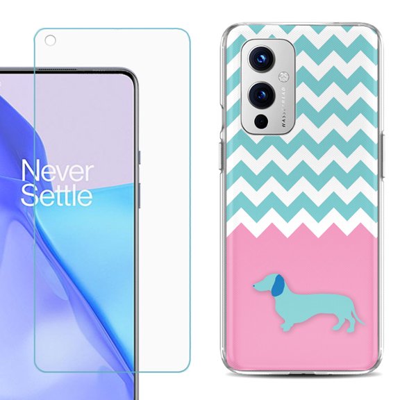 Slim-Fit TPU Phone Case Compatible with OnePlus 9 5G, with Tempered Glass Screen Protector, by OneToughShield ® - Chevron/Dachshund/Puppy
