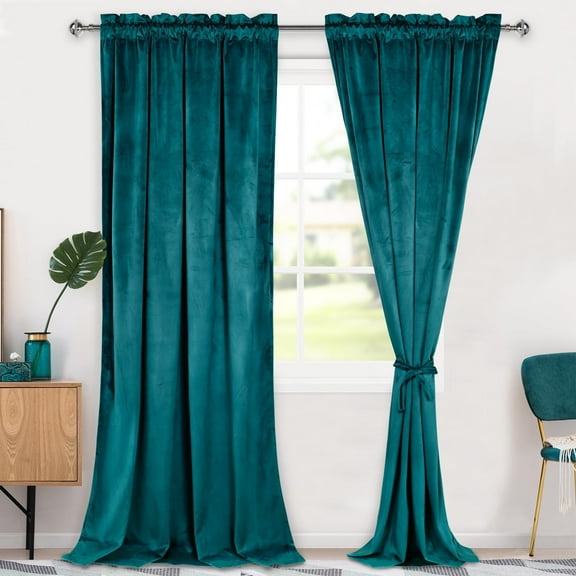 Hiasan Luxury Velvet Curtain with Tiebacks-Blackout Curtains for Bedroom/Living Room, Rod Pocket, Teal, 52" x 96", Set of 2