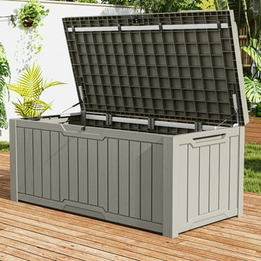 Uforic 120 Gallon Large Outdoor Patio Deck Box,All-Weather Resin Outdoor Storage Boxes  with Cushion,Waterproof&Lockable, Light Brown