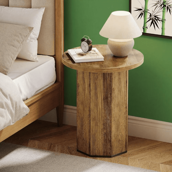 Retro Pedestal End Table, Round Top, MDF Construction for Living Room/Bedroom/Small Spaces