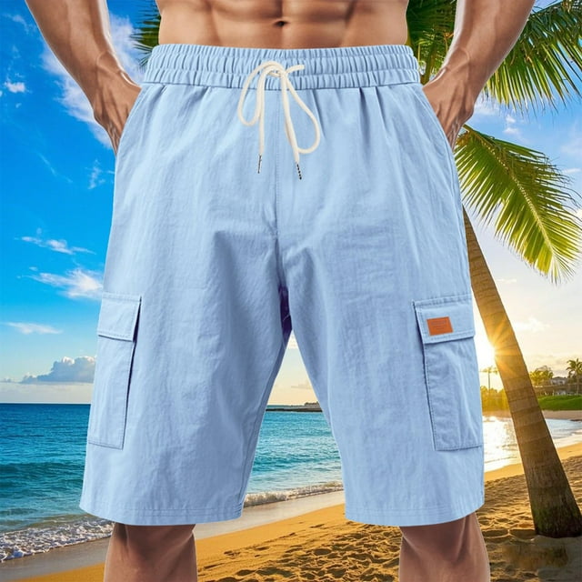 pstuiky Pantalones cortos cargo para hombre, Pantalones cortos cargo de verano para hombre con cordón en la cintura, bolsillos grandes, pantalones deportivos informales Pantalones cortos cargo