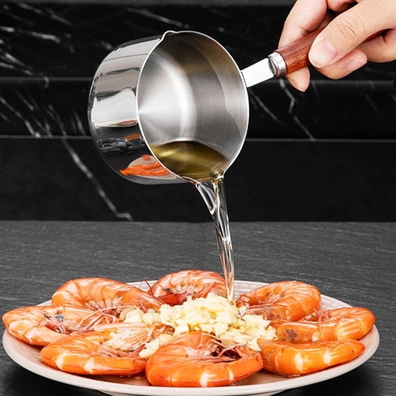 Stainless Steel Mini Pot, Butter Warmer, Coffee/Milk Warmer, Mini Sauce Pan for Coffee, Ideal for Seafood Butter Warmers, Melting Pot with Dual Spouts and Wooden Handle, 1 Pcs, 6.10x2.16"