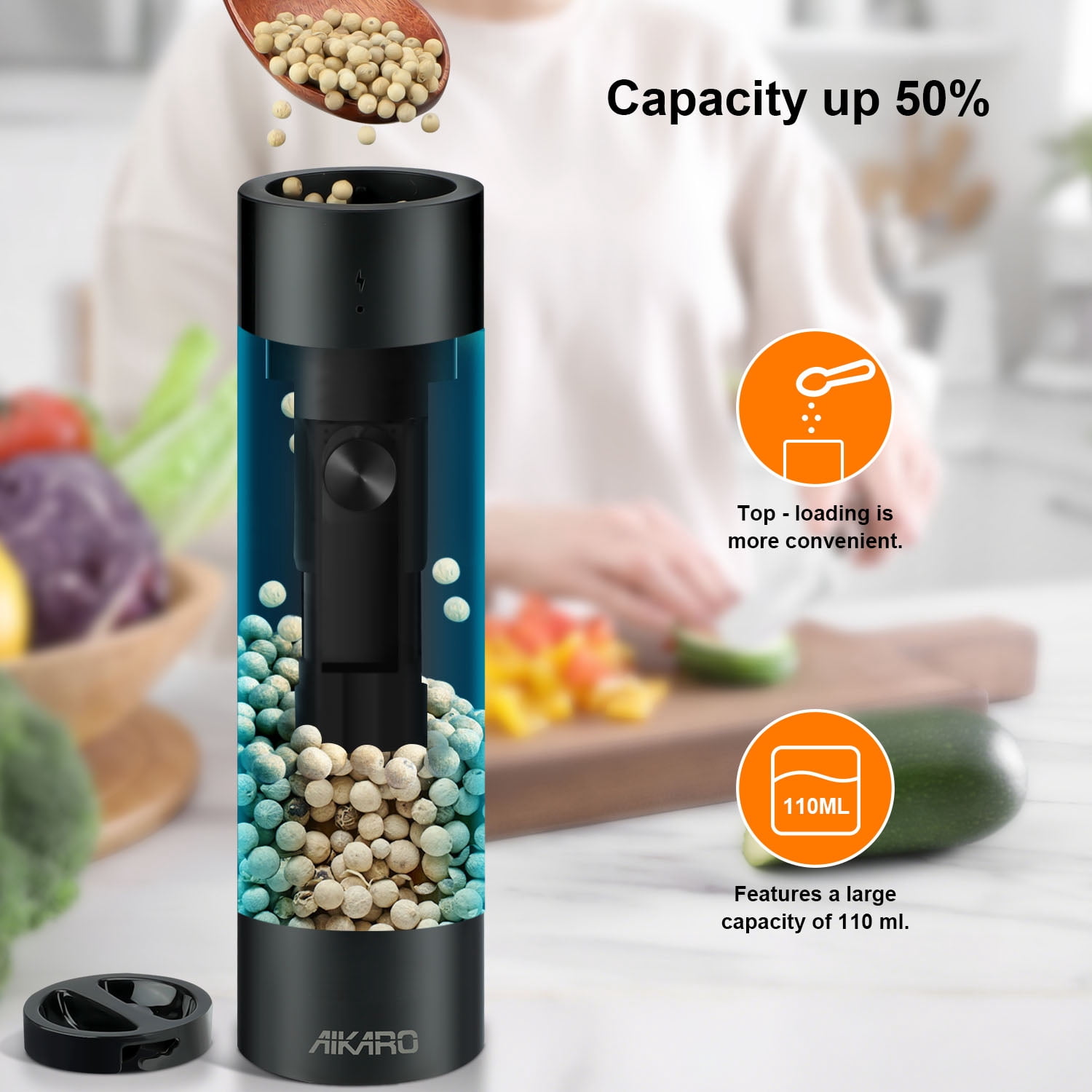 AIKARO - Electric Salt and Pepper Mill Automatic Spice Grinder, Rechargeable (Set)