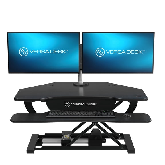 VersaDesk PowerPro Smart Corner Electric Standing Desk Converter - Steel & MDF, 2-Tier Sit-Stand, Programmable Height | Black, 36